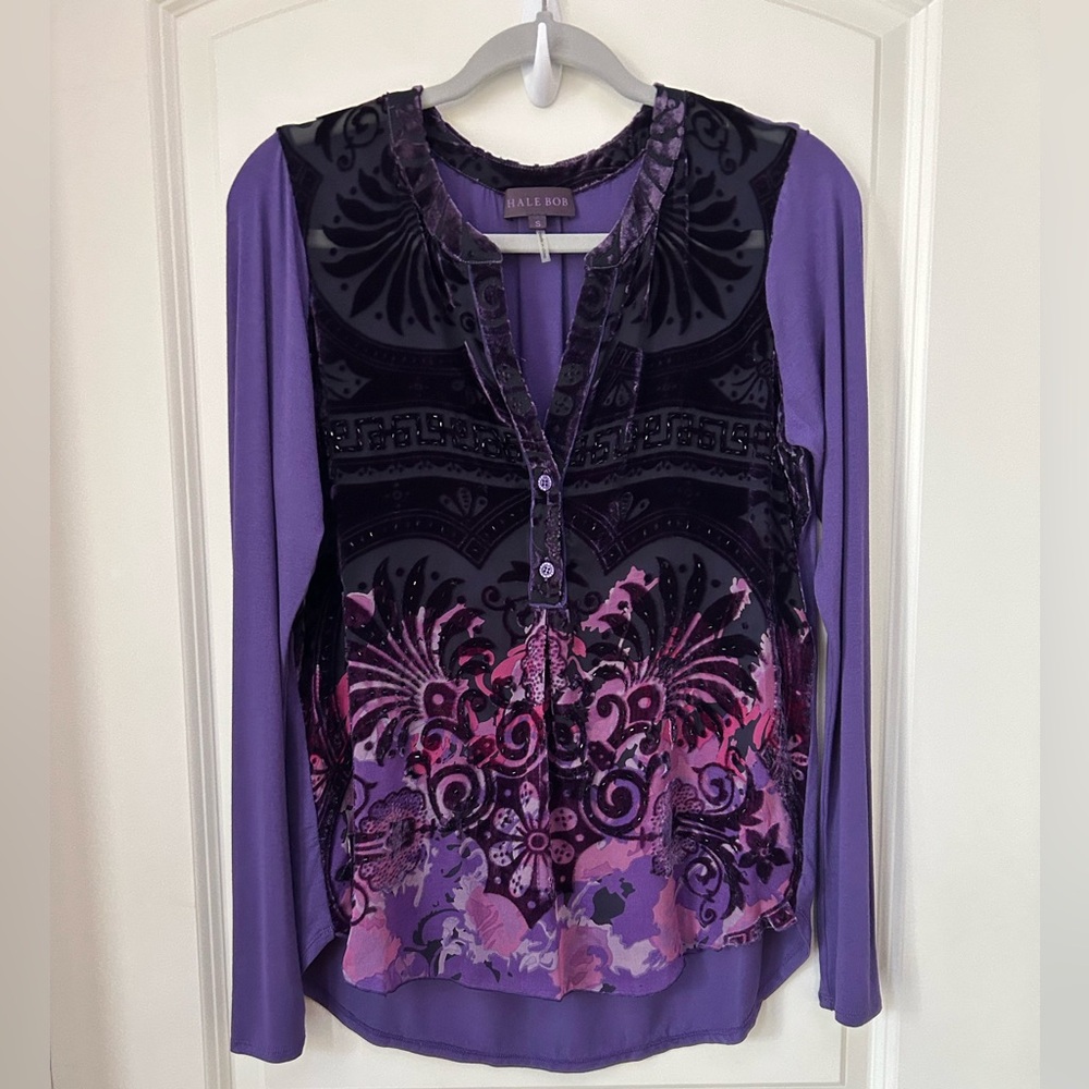 Women's Hale Bob Long Sleeve Purple Multi Velvet Burnout Top with Embellishment